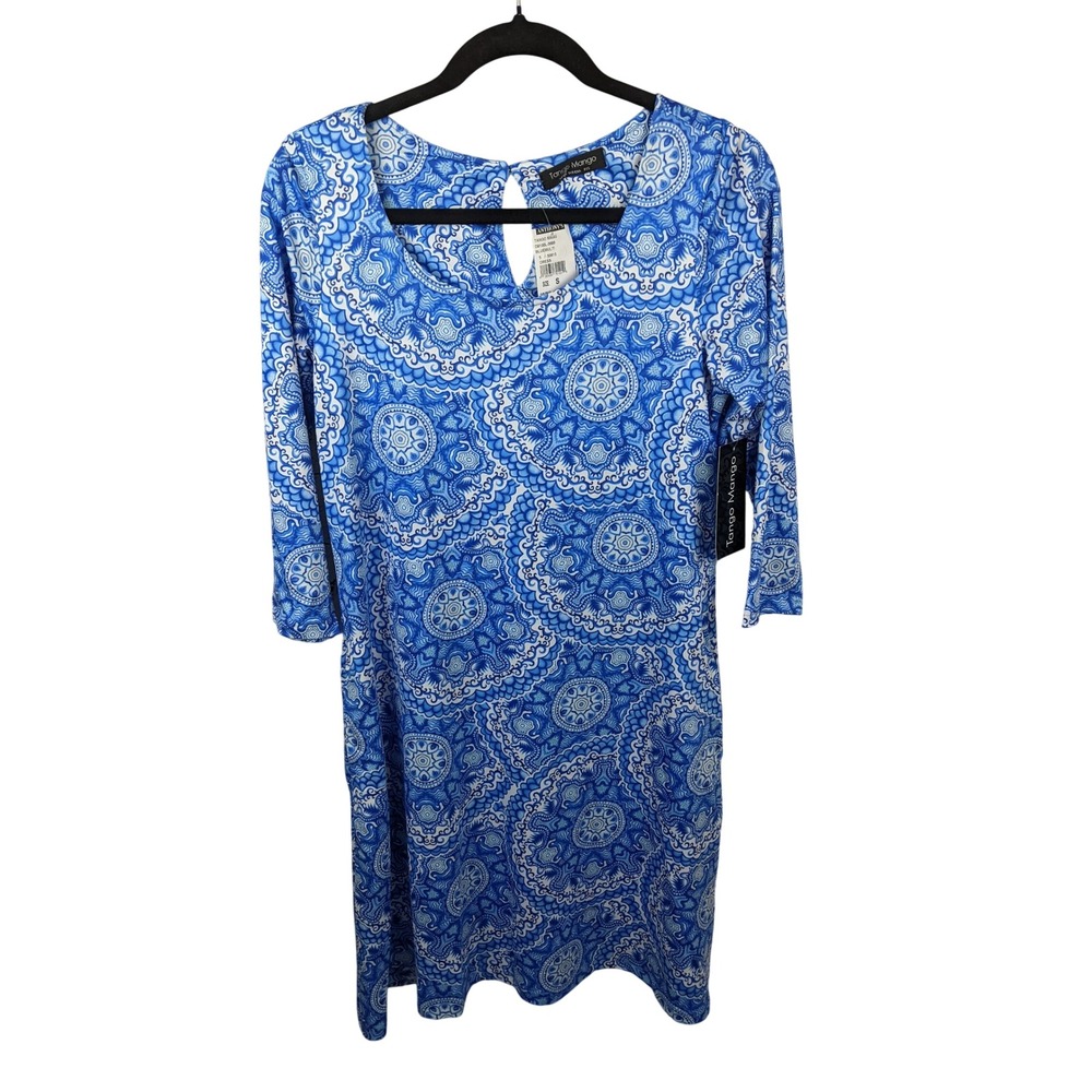 Tango Mango Blue White Mandala Print 3/4 Sleeve Shift Dress‎ Pockets Small NEW